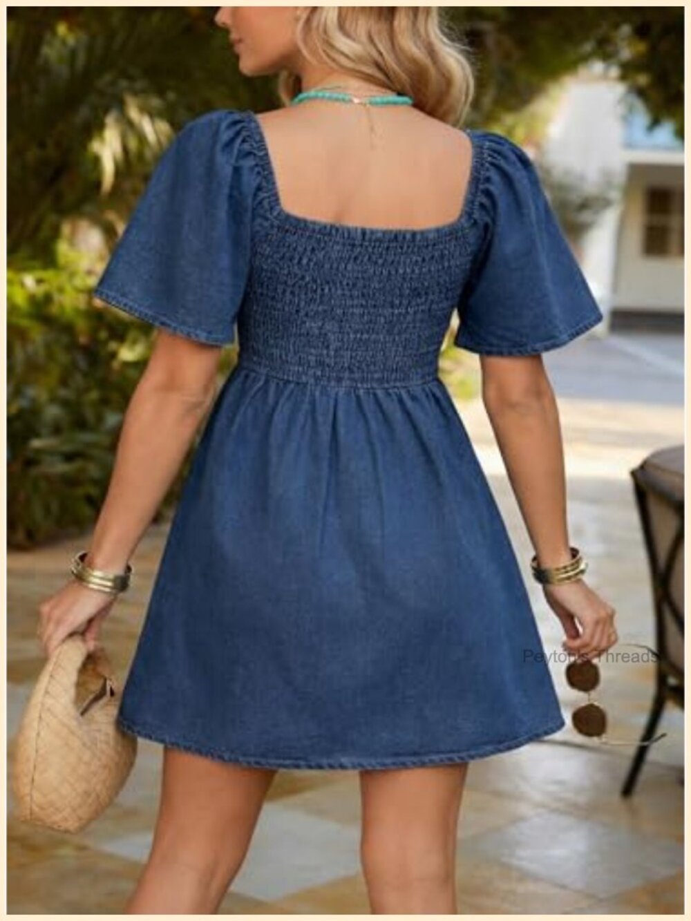 Tie Front Flutter Sleeve Fit & Flare Denim Dress Casual - Picture 2 of 7